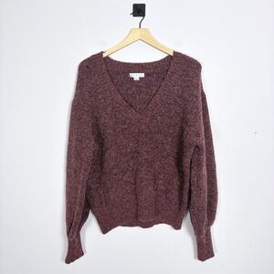 HYFVE Burgundy Fuzzy Marled V Neck Balloon Sleeve Cozy Knit Sweater Size Large